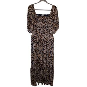 Baltic Born Floral Midi Dress 1X Navy Smocked Puff Sleeve Boho Cottagecore